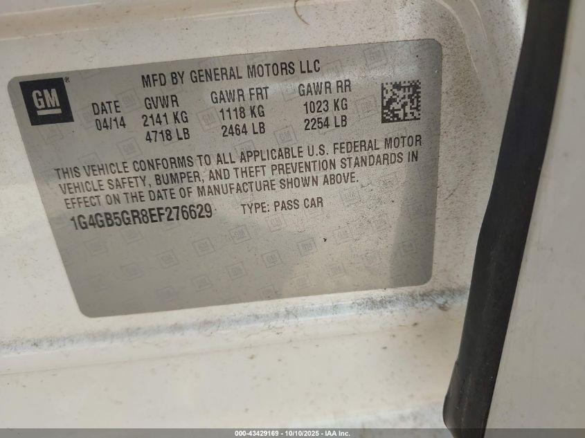 2014 Buick Lacrosse Leather Group VIN: 1G4GB5GR8EF276629 Lot: 43429169