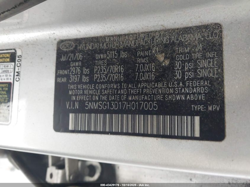 2007 Hyundai Santa Fe Gls VIN: 5NMSG13D17H017005 Lot: 43429176