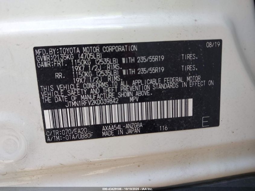 2019 Toyota Rav4 Limited VIN: JTMN1RFV2KD039842 Lot: 43429186
