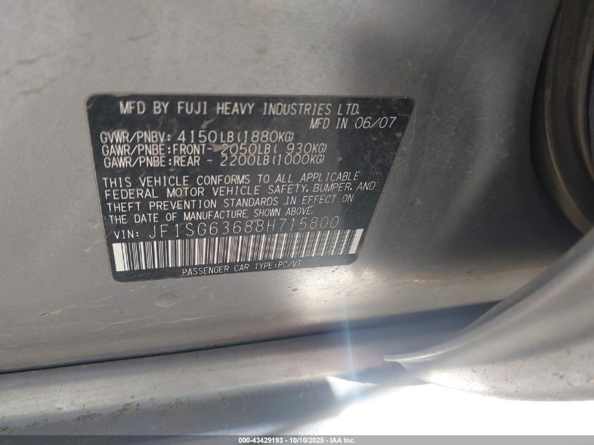 2008 Subaru Forester 2.5X VIN: JF1SG63688H715800 Lot: 43429193