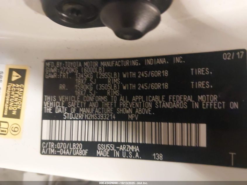 2017 Toyota Highlander Xle VIN: 5TDJZRFH2HS393214 Lot: 43429200