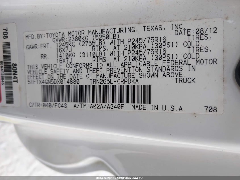 2013 TOYOTA TACOMA PRERUNNER 5TFTX4GN5DX014880