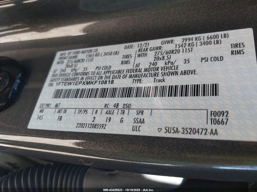 2021 Ford F-150 Xlt VIN: 1FTEW1EPXMKF10818 Lot: 43429223