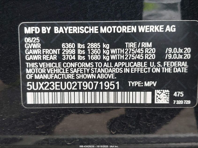 2026 BMW X5 xDrive40I VIN: 5UX23EU02T9071951 Lot: 43429230
