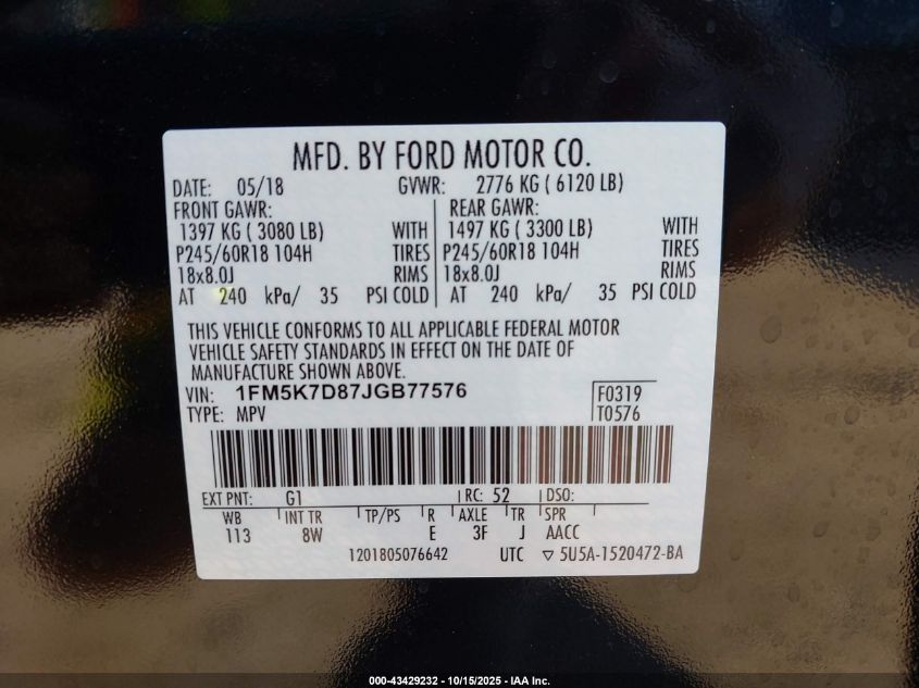 2018 Ford Explorer Xlt VIN: 1FM5K7D87JGB77576 Lot: 43429232