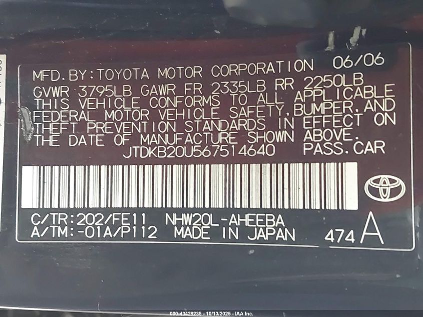 2006 Toyota Prius VIN: JTDKB20U567514640 Lot: 43429235