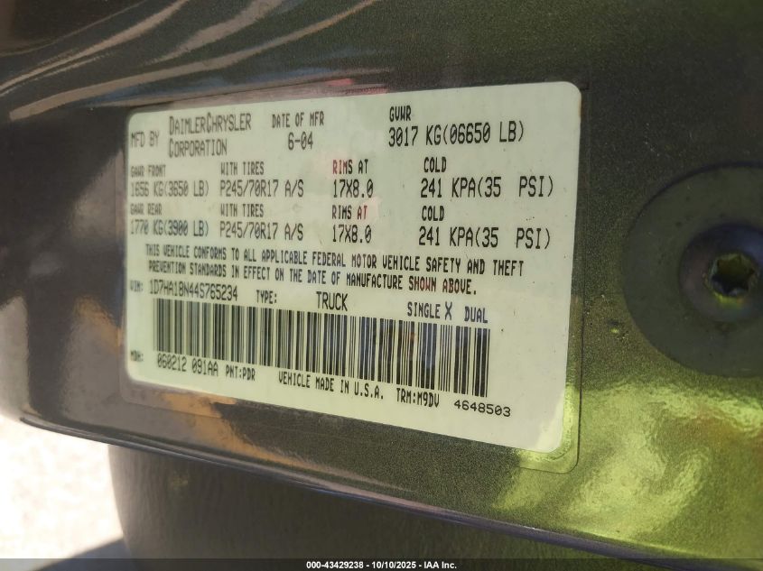 2004 Dodge Ram 1500 Slt/Laramie VIN: 1D7HA18N44S765234 Lot: 43429238