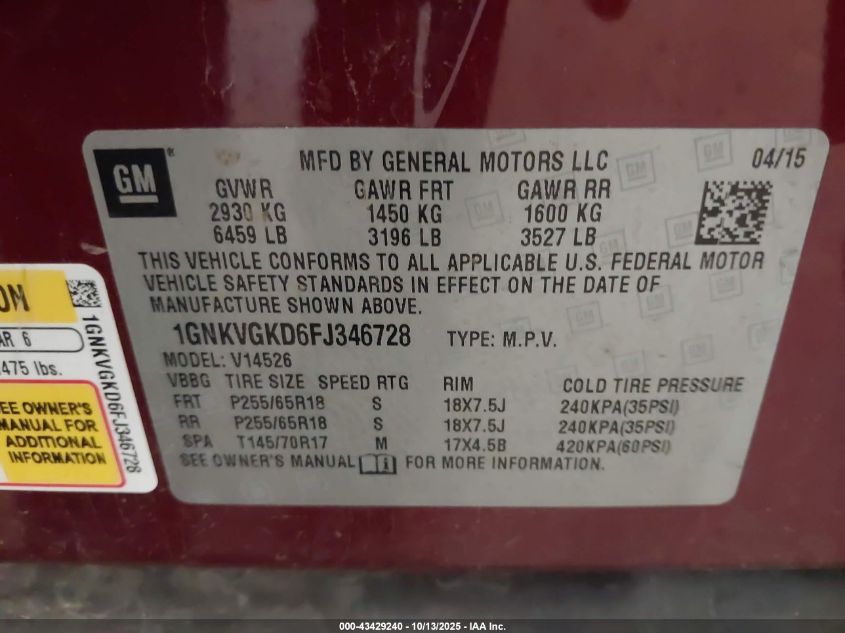 2015 Chevrolet Traverse 1Lt VIN: 1GNKVGKD6FJ346728 Lot: 43429240