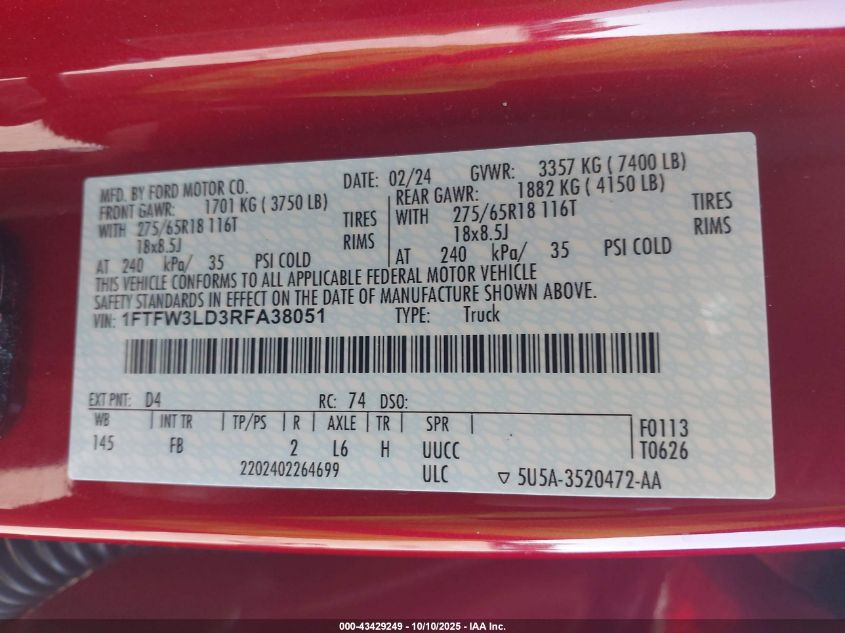 2024 Ford F-150 Xlt VIN: 1FTFW3LD3RFA38051 Lot: 43429249
