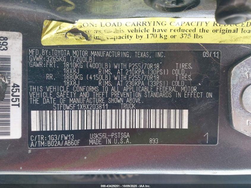 2011 Toyota Tundra Grade 5.7L V8 VIN: 5TFDW5F1XBX203811 Lot: 43429251