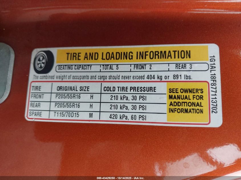 2007 Chevrolet Cobalt Lt VIN: 1G1AL18F877113702 Lot: 43429258