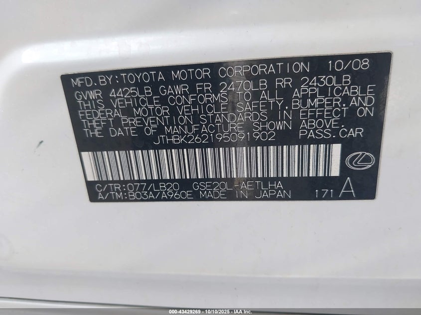 2009 Lexus Is 250 VIN: JTHBK262195091902 Lot: 43429269