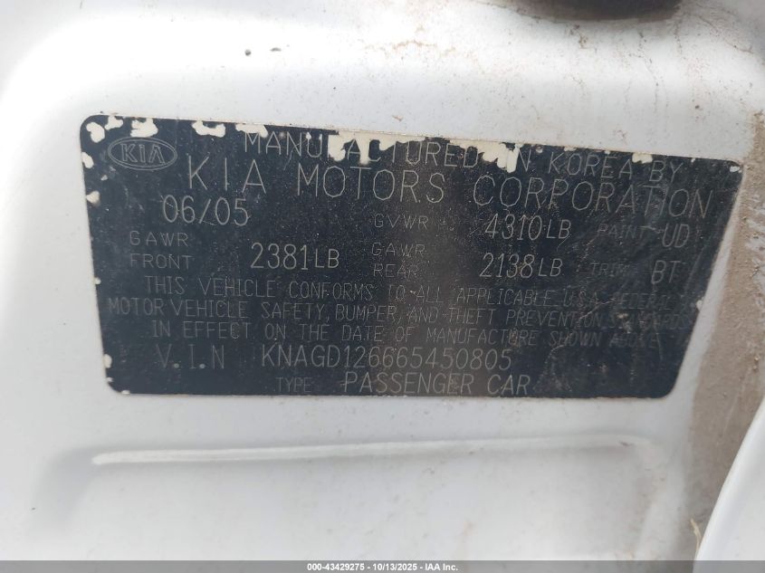 2006 Kia Optima Ex/Lx VIN: KNAGD126665450805 Lot: 43429275