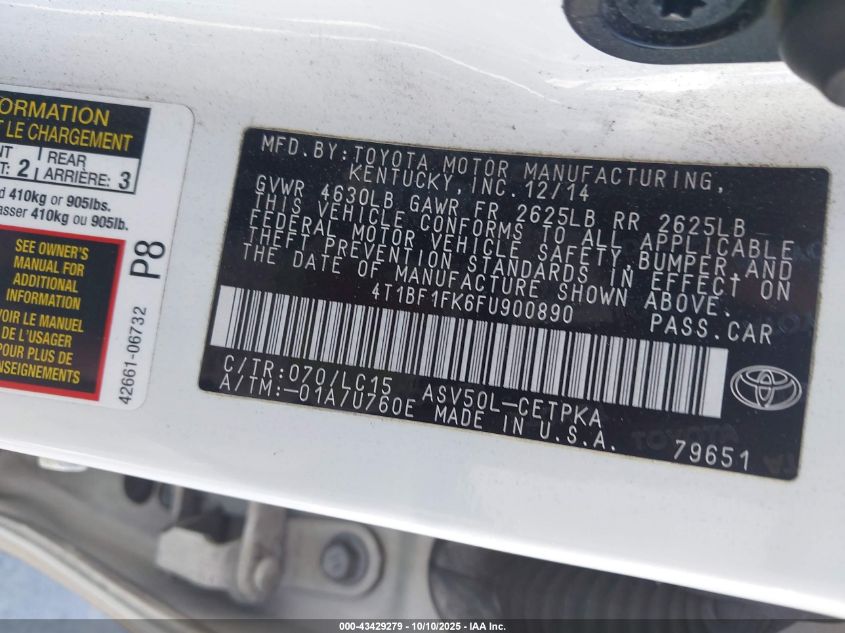 2015 Toyota Camry Xse VIN: 4T1BF1FK6FU900890 Lot: 43429279