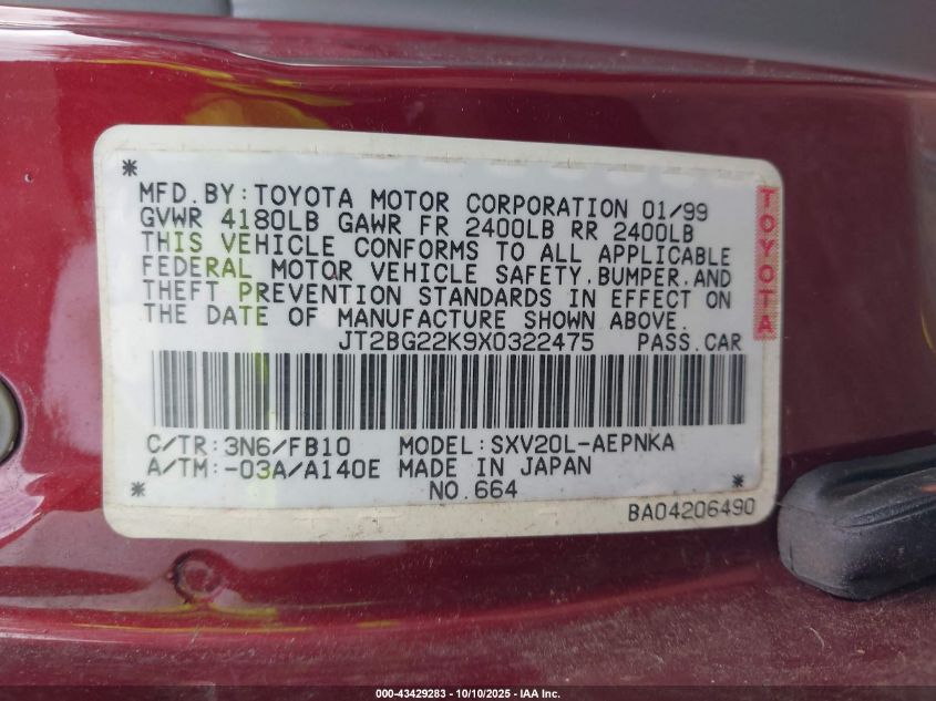 1999 Toyota Camry Le VIN: JT2BG22K9X0322475 Lot: 43429283