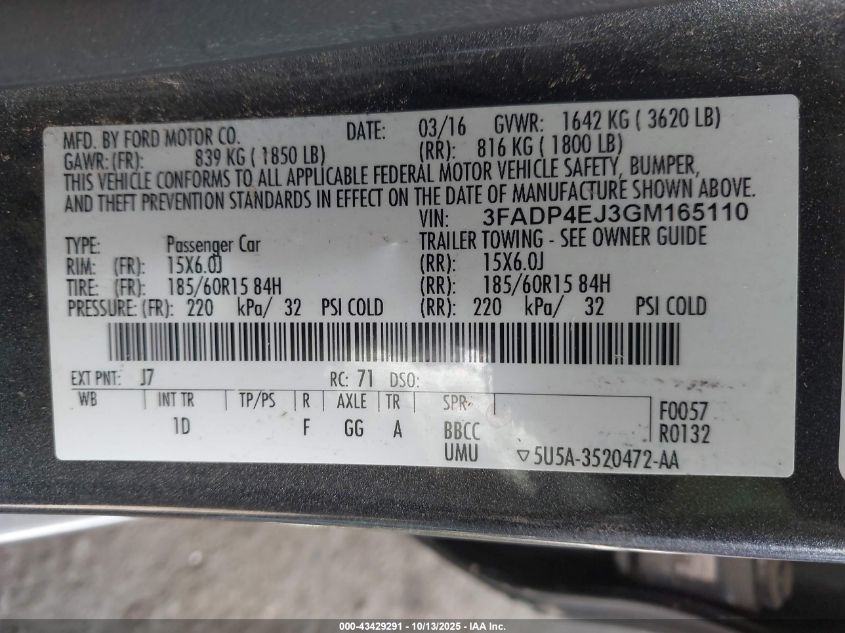 2016 Ford Fiesta Se VIN: 3FADP4EJ3GM165110 Lot: 43429291