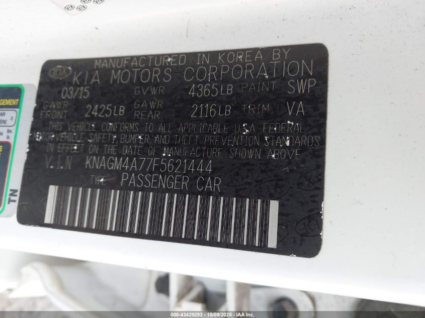 2015 Kia Optima Lx VIN: KNAGM4A77F5621444 Lot: 43429293
