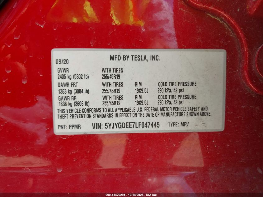 2020 Tesla Model Y Long Range Dual Motor All-Wheel Drive VIN: 5YJYGDEE7LF047445 Lot: 43429294