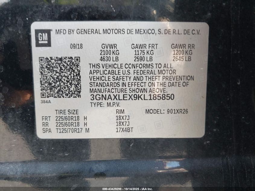 2019 Chevrolet Equinox Lt VIN: 3GNAXLEX9KL185850 Lot: 43429298