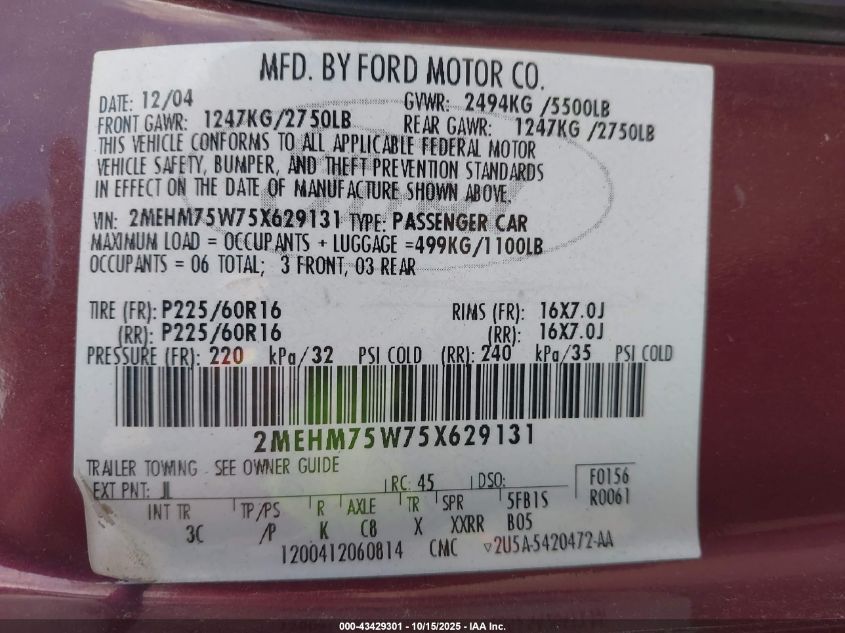 2005 Mercury Grand Marquis Ls/Lse VIN: 2MEHM75W75X629131 Lot: 43429301