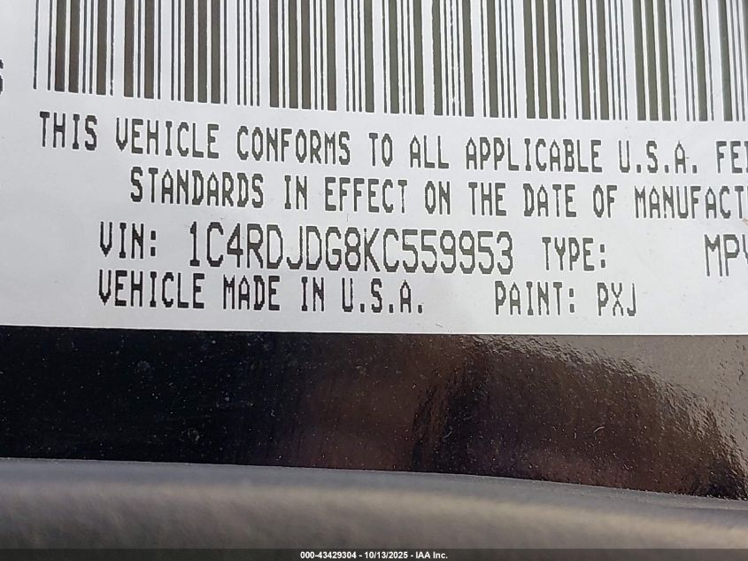 2019 Dodge Durango Gt Plus Awd VIN: 1C4RDJDG8KC559953 Lot: 43429304