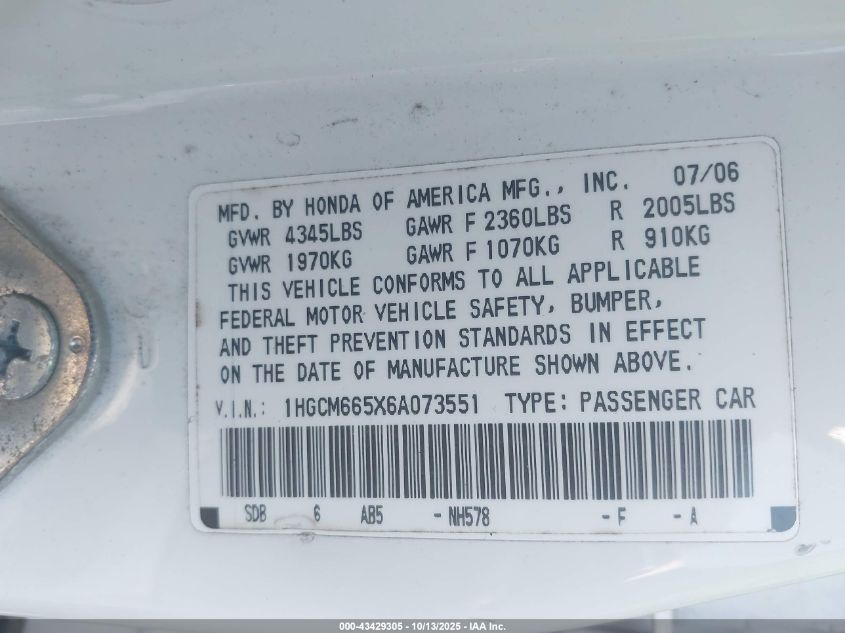 2006 Honda Accord Sdn Ex-L V6 VIN: 1HGCM665X6A073551 Lot: 43429305