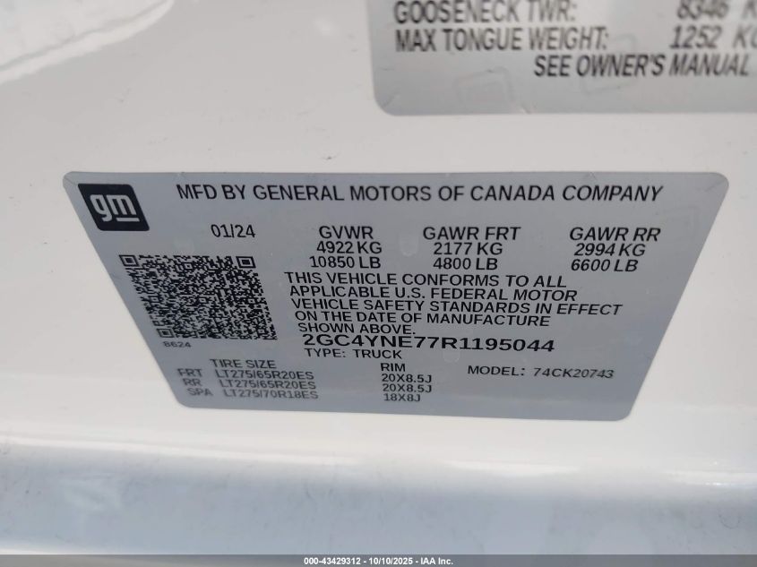 2024 Chevrolet Silverado 2500Hd 4Wd Standard Bed Lt VIN: 2GC4YNE77R1195044 Lot: 43429312