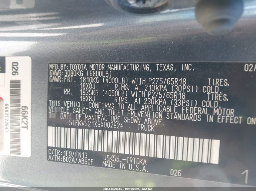 2008 Toyota Tundra Base 5.7L V8 VIN: 5TFKV521X8X002824 Lot: 43429315