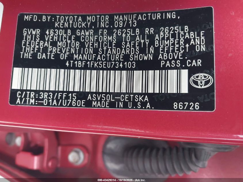 2014 Toyota Camry Se VIN: 4T1BF1FK5EU734103 Lot: 43429314