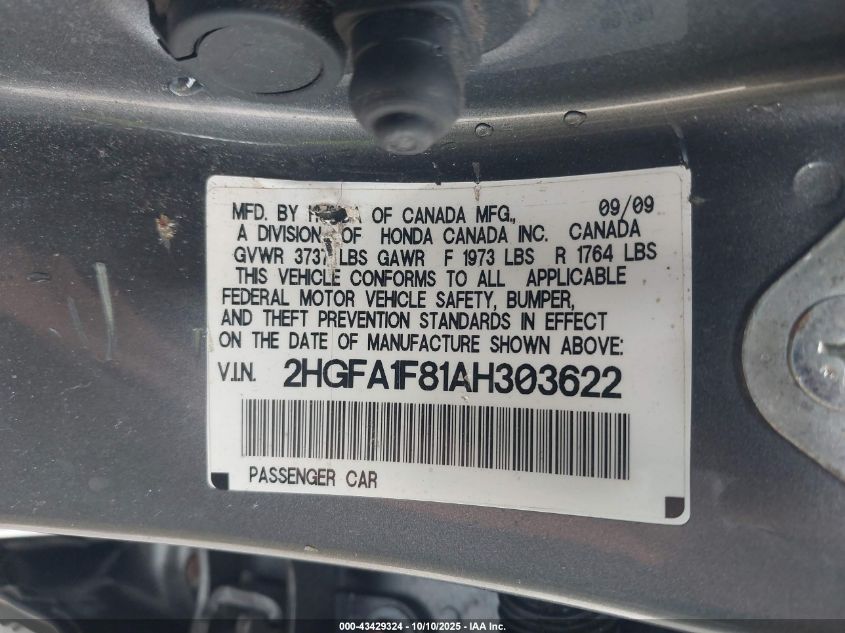 2010 Honda Civic Ex VIN: 2HGFA1F81AH303622 Lot: 43429324