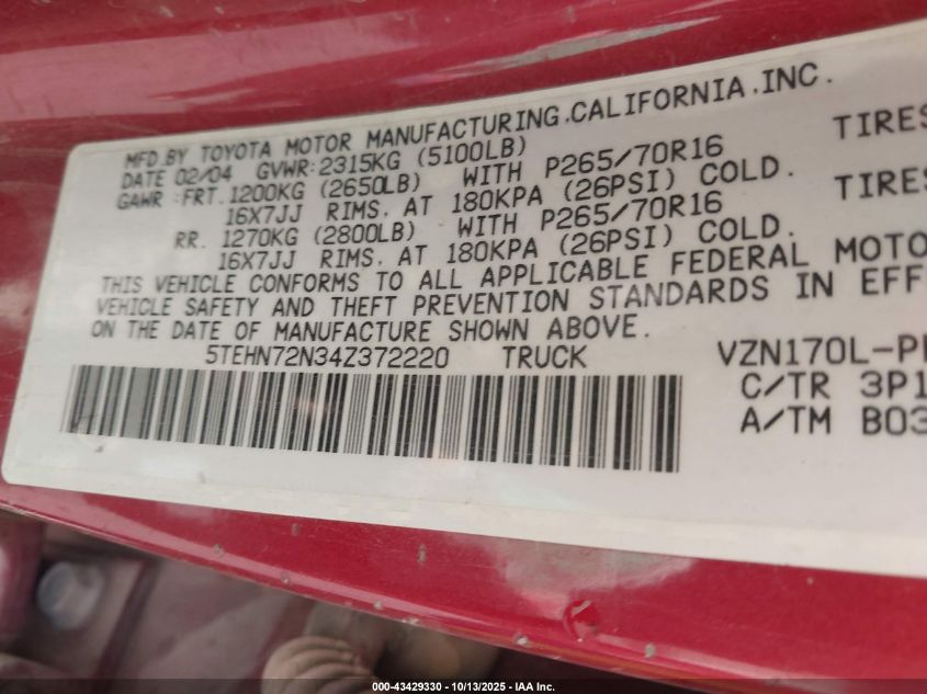 2004 Toyota Tacoma Base V6 VIN: 5TEHN72N34Z372220 Lot: 43429330