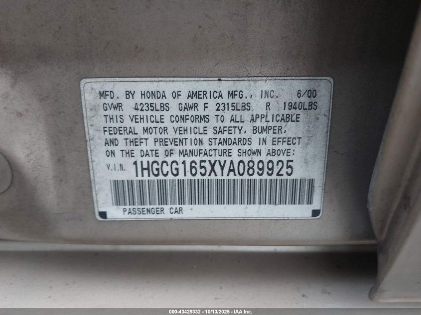 2000 Honda Accord 3.0 Ex VIN: 1HGCG165XYA089925 Lot: 43429332
