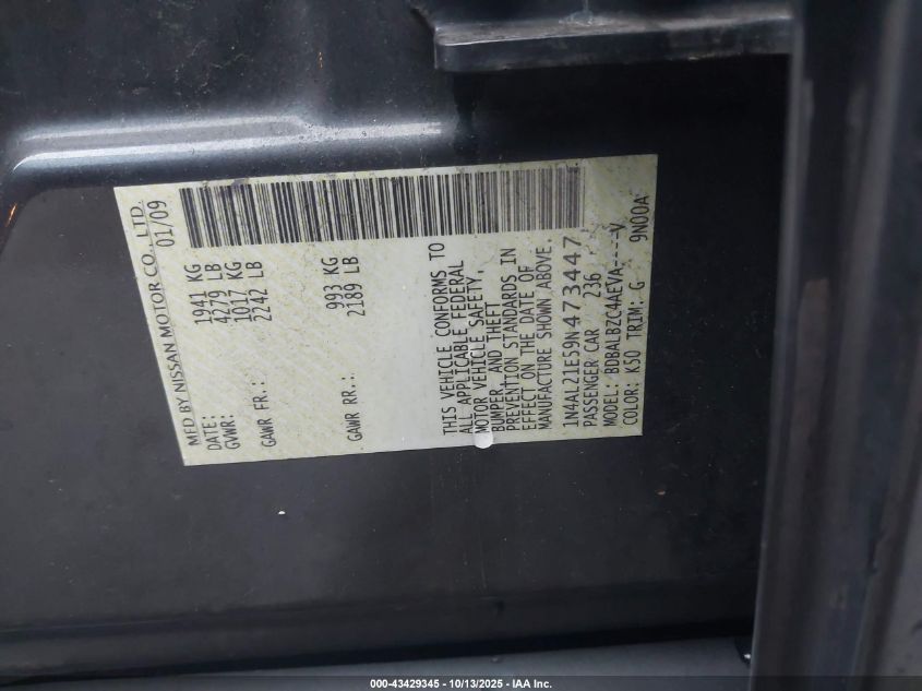 2009 Nissan Altima 2.5 S VIN: 1N4AL21E59N473447 Lot: 43429345
