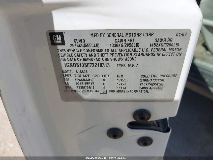 2007 Chevrolet Trailblazer Ls VIN: 1GNDS13S072210313 Lot: 43429354