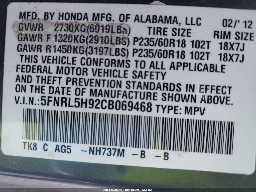 2012 Honda Odyssey Touring/Touring Elite VIN: 5FNRL5H92CB069468 Lot: 43429356