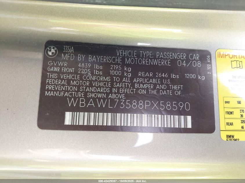 2008 BMW 335I VIN: WBAWL73588PX58590 Lot: 43429357