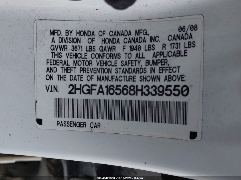 2008 Honda Civic Lx VIN: 2HGFA16568H339550 Lot: 43429358