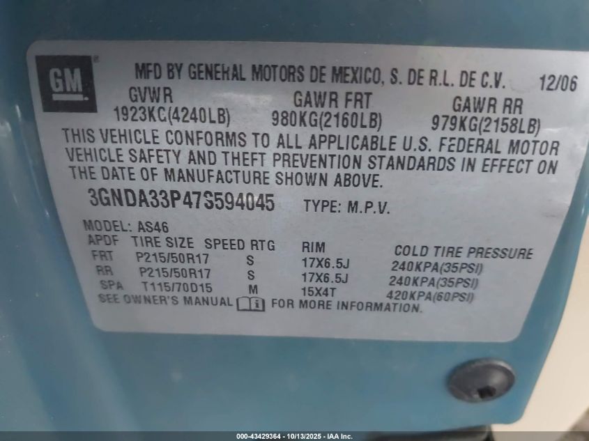 2007 Chevrolet Hhr Lt VIN: 3GNDA33P47S594045 Lot: 43429364