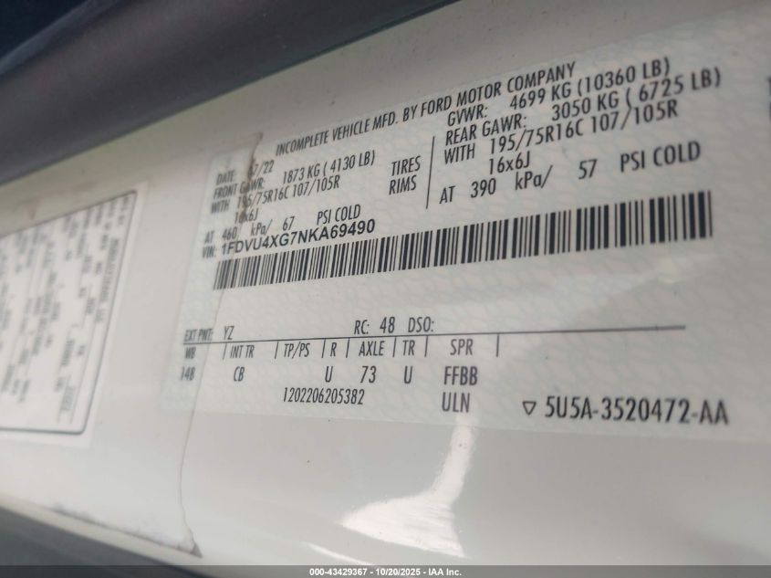 2022 Ford Transit-350 Passenger Van Xl VIN: 1FDVU4XG7NKA69490 Lot: 43429367