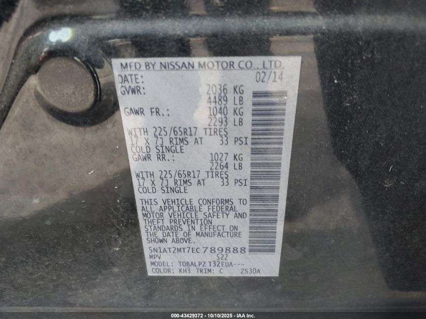 2014 Nissan Rogue S VIN: 5N1AT2MT7EC789888 Lot: 43429372