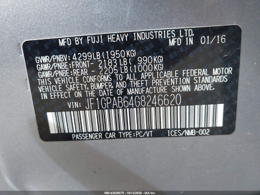 2016 Subaru Impreza 2.0I Premium VIN: JF1GPAB64G8246620 Lot: 43429375
