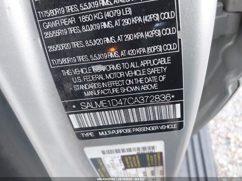 2012 Land Rover Range Rover Hse VIN: SALME1D47CA372836 Lot: 43429383