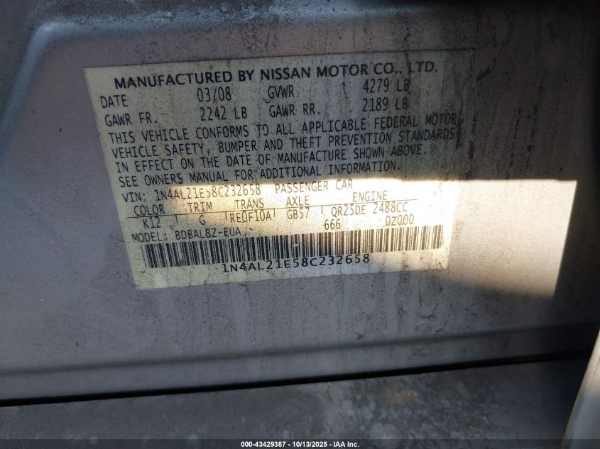 2008 Nissan Altima 2.5 S VIN: 1N4AL21E58C232658 Lot: 43429387