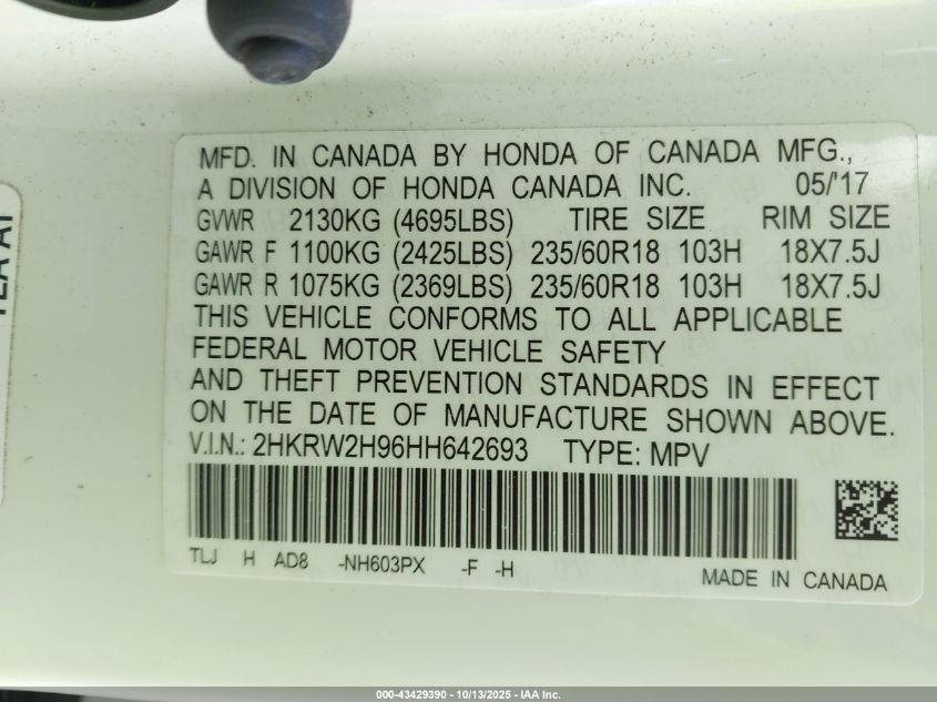 2017 Honda Cr-V Touring VIN: 2HKRW2H96HH642693 Lot: 43429390