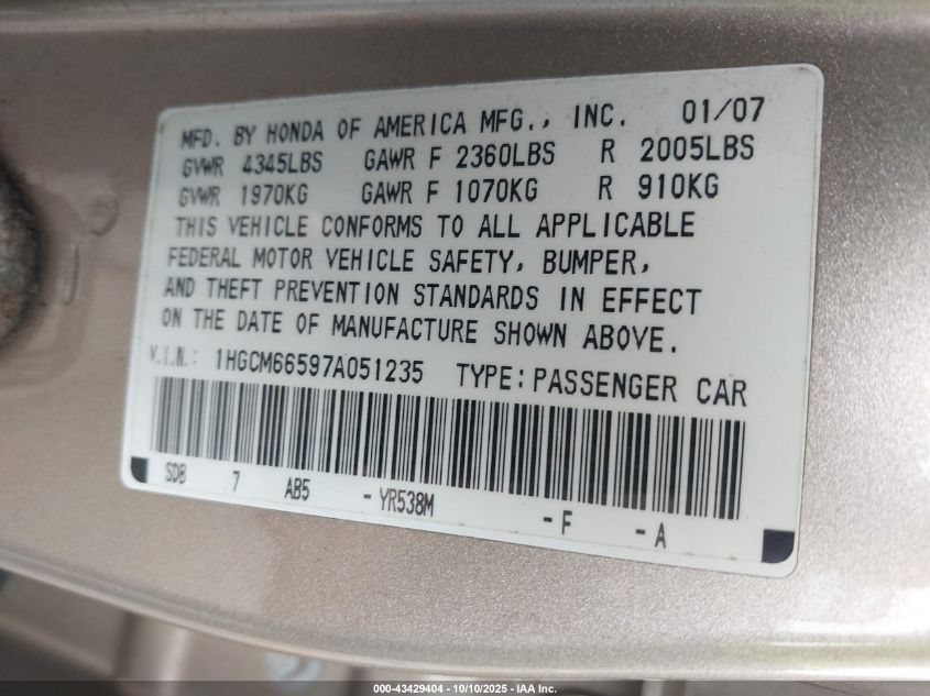 2007 Honda Accord 3.0 Ex VIN: 1HGCM66597A051235 Lot: 43429404