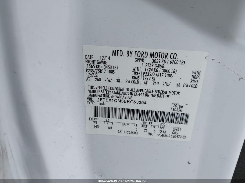 2014 Ford F-150 Xlt VIN: 1FTEX1CM5EKG53294 Lot: 43429419