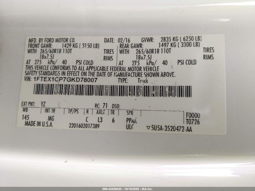 2016 Ford F-150 Xlt VIN: 1FTEX1CP7GKD78007 Lot: 43429420