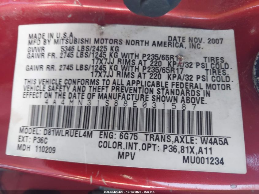 2008 Mitsubishi Endeavor Se VIN: 4A4MN31S88E031587 Lot: 43429429