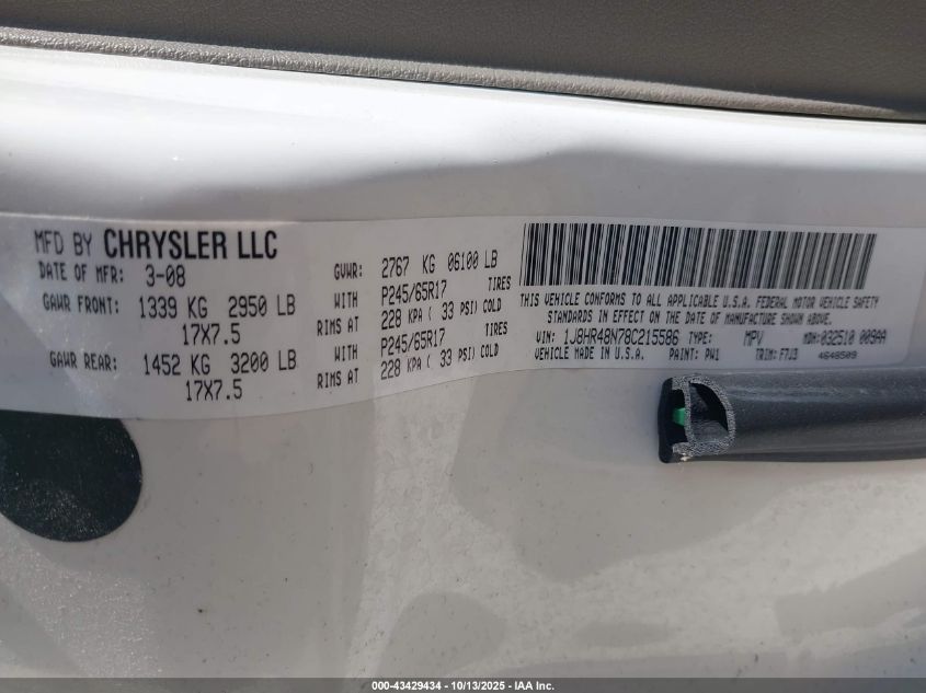 2008 Jeep Grand Cherokee Laredo VIN: 1J8HR48N78C215586 Lot: 43429434