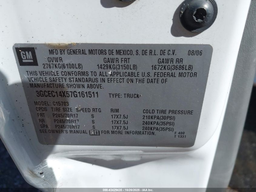 2007 Chevrolet Silverado 1500 Classic Work Truck VIN: 3GCEC14X57G161511 Lot: 43429435